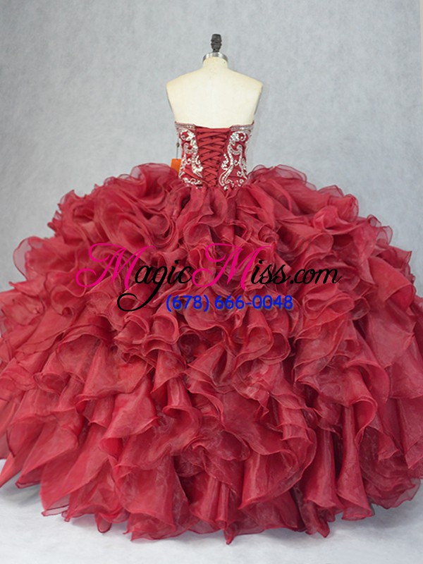 wholesale traditional burgundy quince ball gowns sweet 16 and quinceanera with beading and ruffles sweetheart sleeveless lace up