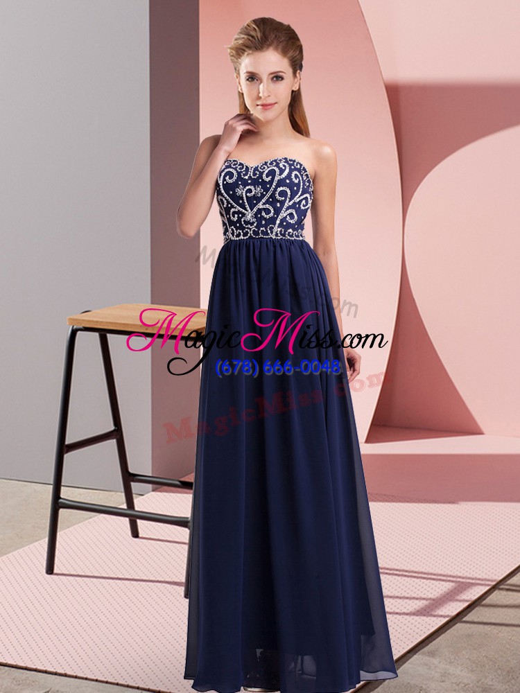 wholesale excellent navy blue chiffon lace up sweetheart sleeveless floor length homecoming dress beading