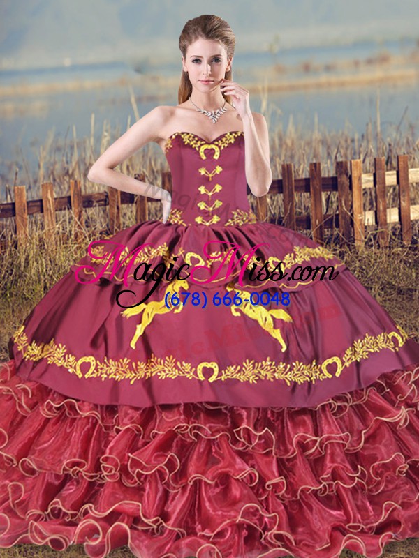 wholesale lace up vestidos de quinceanera burgundy for sweet 16 and quinceanera with embroidery and ruffled layers brush train