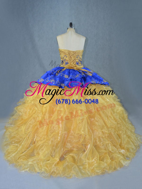 wholesale organza sleeveless sweet 16 dresses brush train and embroidery and ruffles