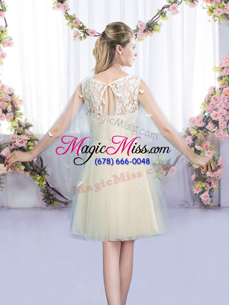 wholesale fitting scoop sleeveless bridesmaids dress mini length lace and bowknot champagne tulle