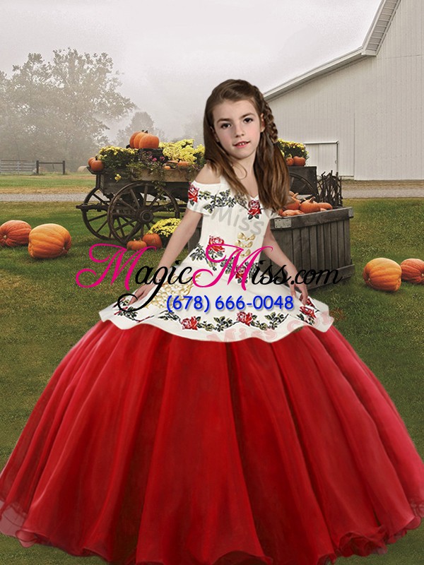 wholesale custom fit red ball gowns spaghetti straps sleeveless embroidery floor length lace up kids pageant dress