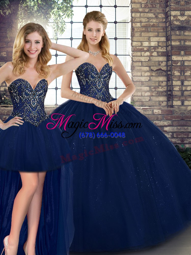 wholesale latest beading quinceanera gowns navy blue lace up sleeveless floor length
