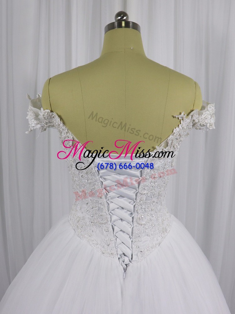 wholesale customized white off the shoulder lace up beading and lace bridal gown sleeveless