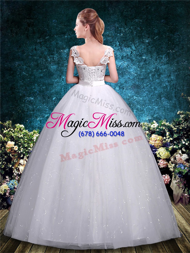 wholesale vintage white ball gowns straps sleeveless tulle floor length lace up lace and hand made flower bridal gown