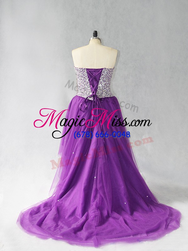 wholesale purple lace up strapless beading prom dresses tulle sleeveless