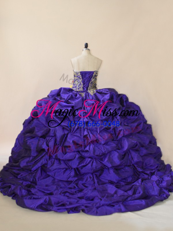 wholesale gorgeous sleeveless satin and organza brush train lace up vestidos de quinceanera in purple with embroidery and pick ups