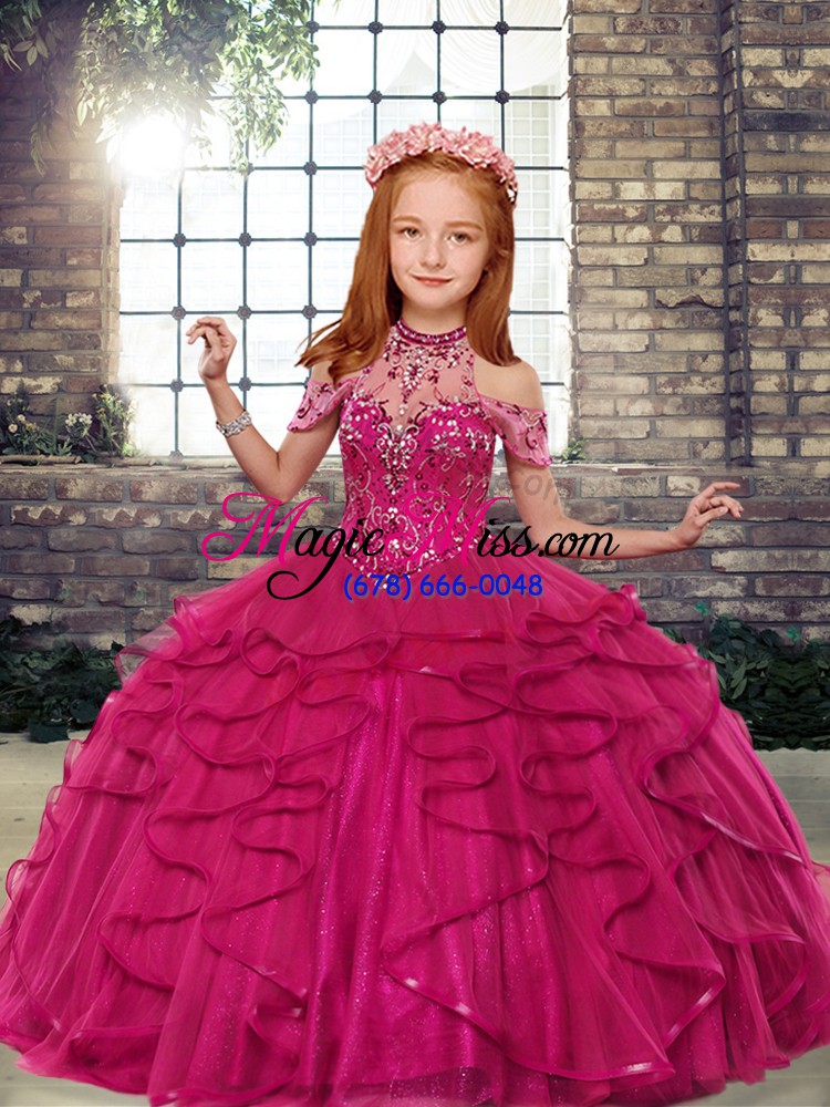 wholesale fuchsia sleeveless tulle lace up little girls pageant gowns for party and wedding party