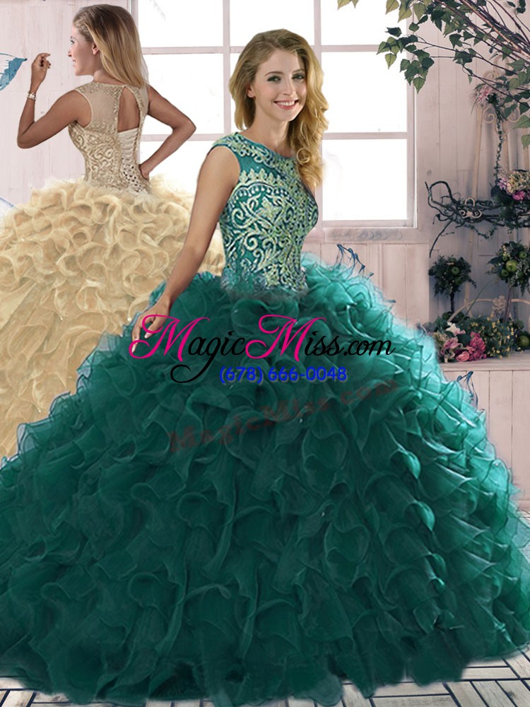 wholesale peacock green scoop neckline beading and ruffles sweet 16 dresses sleeveless lace up
