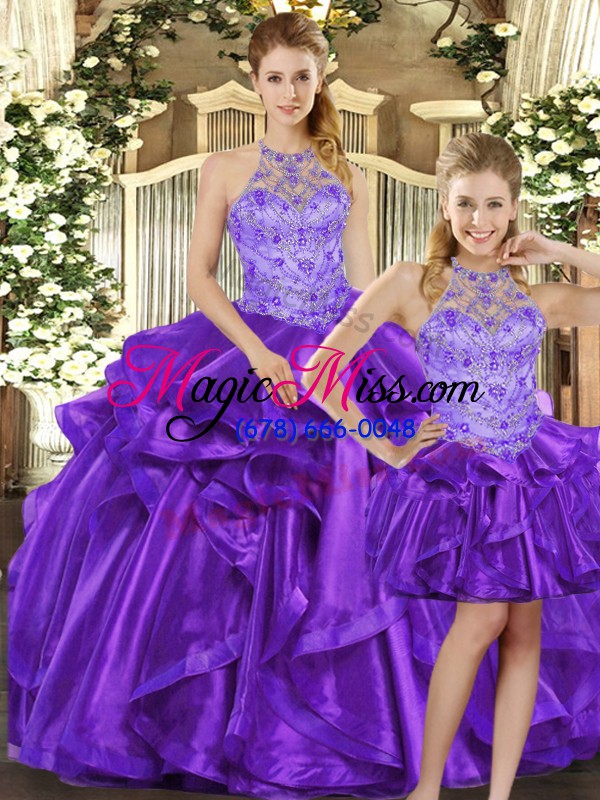 wholesale top selling purple three pieces organza halter top sleeveless beading and ruffles floor length lace up quinceanera gowns