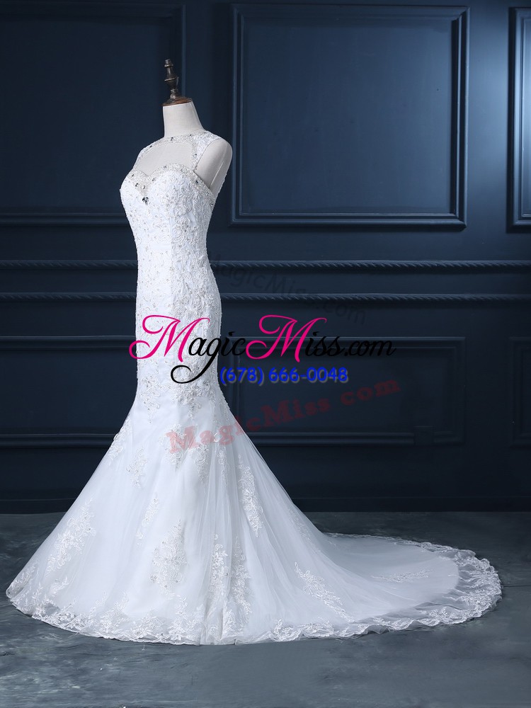 wholesale backless bridal gown white for wedding party with beading and lace brush train
