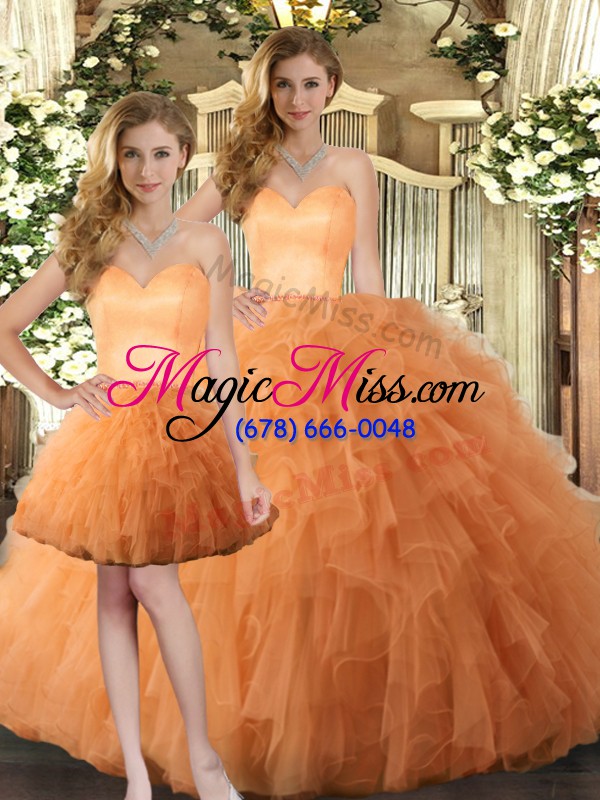 wholesale affordable ruffles ball gown prom dress orange lace up sleeveless floor length