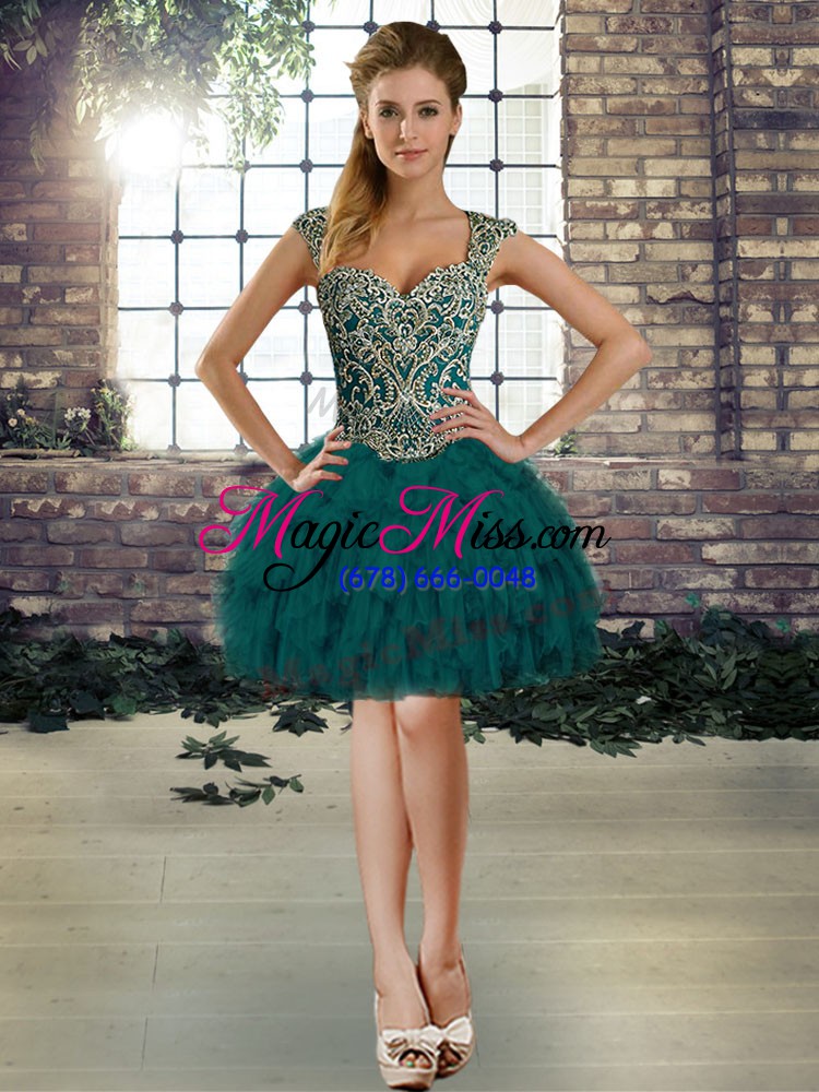 wholesale peacock green three pieces beading and ruffles sweet 16 dress lace up organza sleeveless floor length