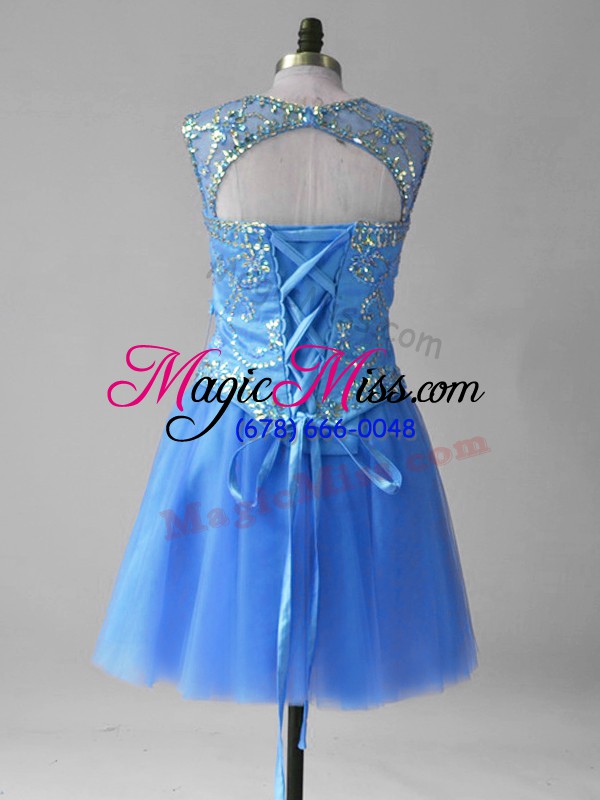 wholesale free and easy sleeveless mini length beading and sequins lace up prom dresses with blue