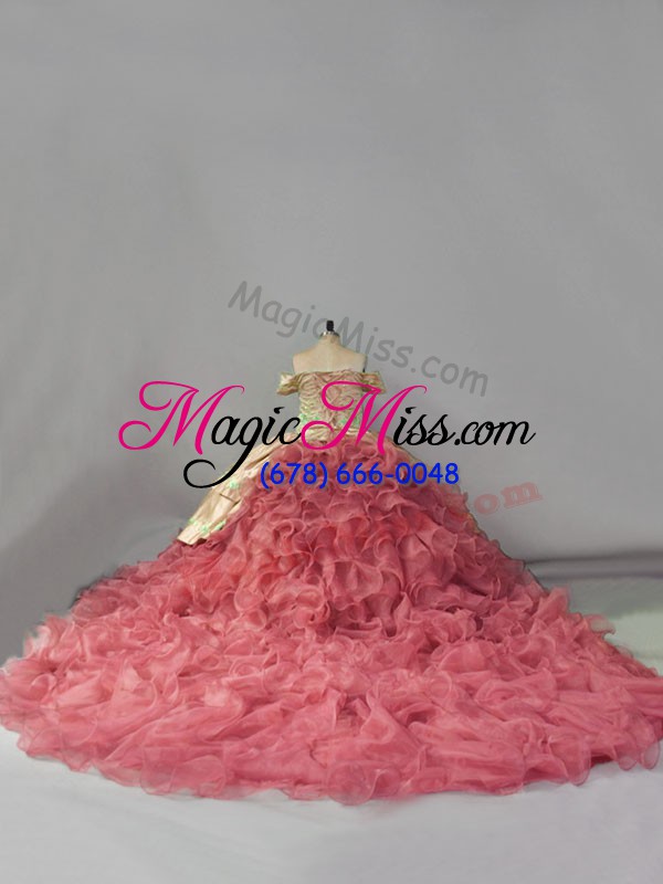 wholesale artistic chapel train ball gowns sweet 16 quinceanera dress pink off the shoulder organza sleeveless floor length lace up