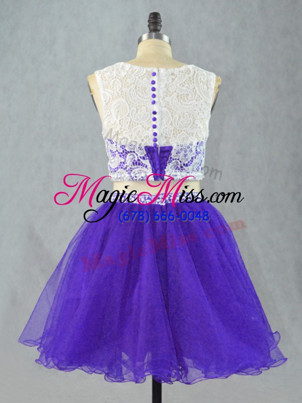 wholesale low price purple two pieces scoop sleeveless organza mini length zipper lace and appliques evening dress