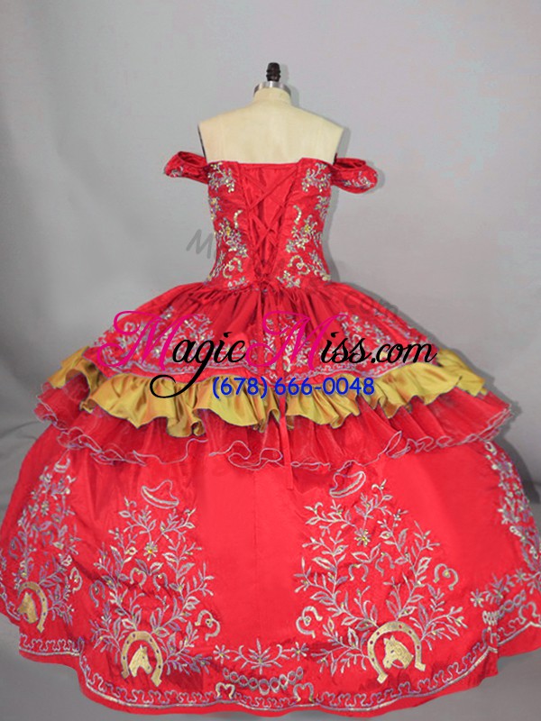 wholesale discount sleeveless floor length embroidery lace up sweet 16 dress with red