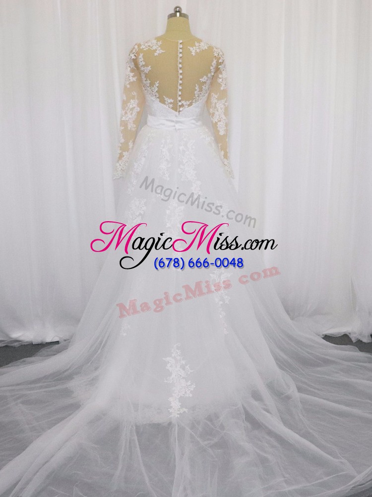 wholesale white scoop neckline lace and belt wedding gowns long sleeves clasp handle