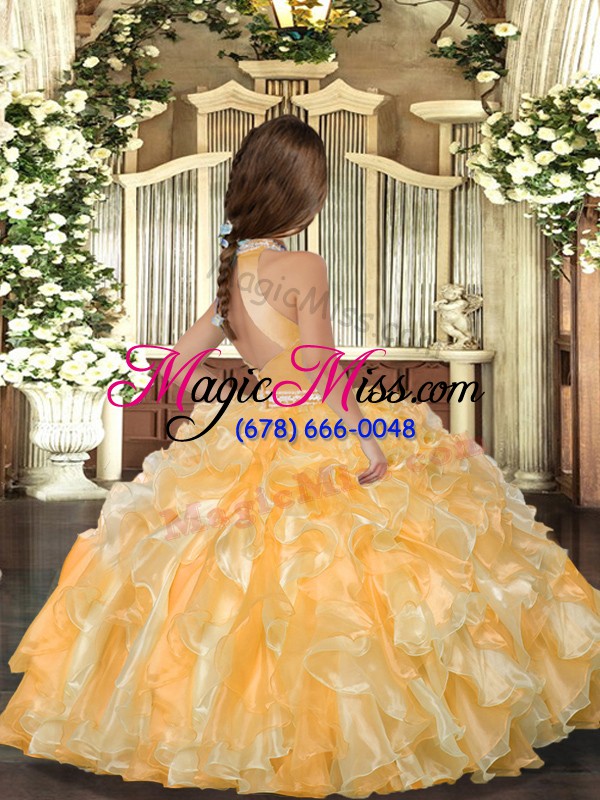 wholesale low price gold ball gowns beading and ruffles little girl pageant gowns backless organza sleeveless floor length