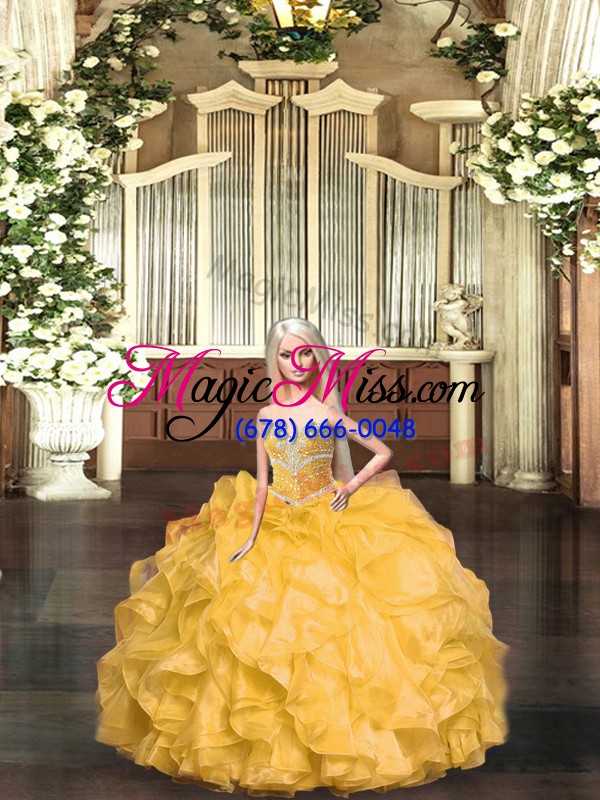wholesale gold ball gowns organza sweetheart sleeveless beading and ruffles floor length lace up quince ball gowns