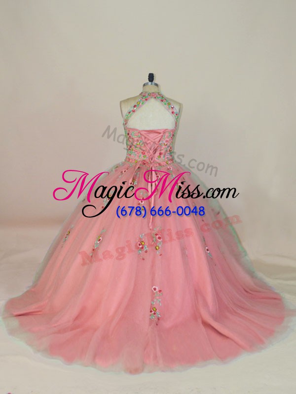 wholesale simple pink tulle lace up sweet 16 quinceanera dress sleeveless brush train appliques and embroidery
