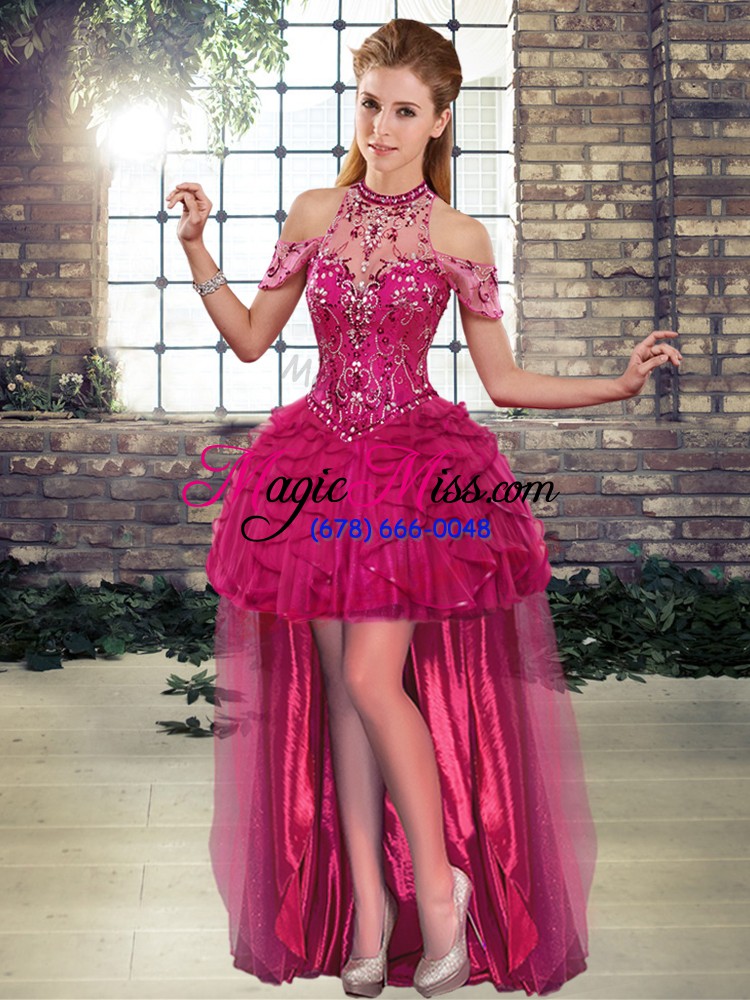 wholesale fuchsia quinceanera gown military ball and sweet 16 and quinceanera with beading and ruffles halter top sleeveless lace up