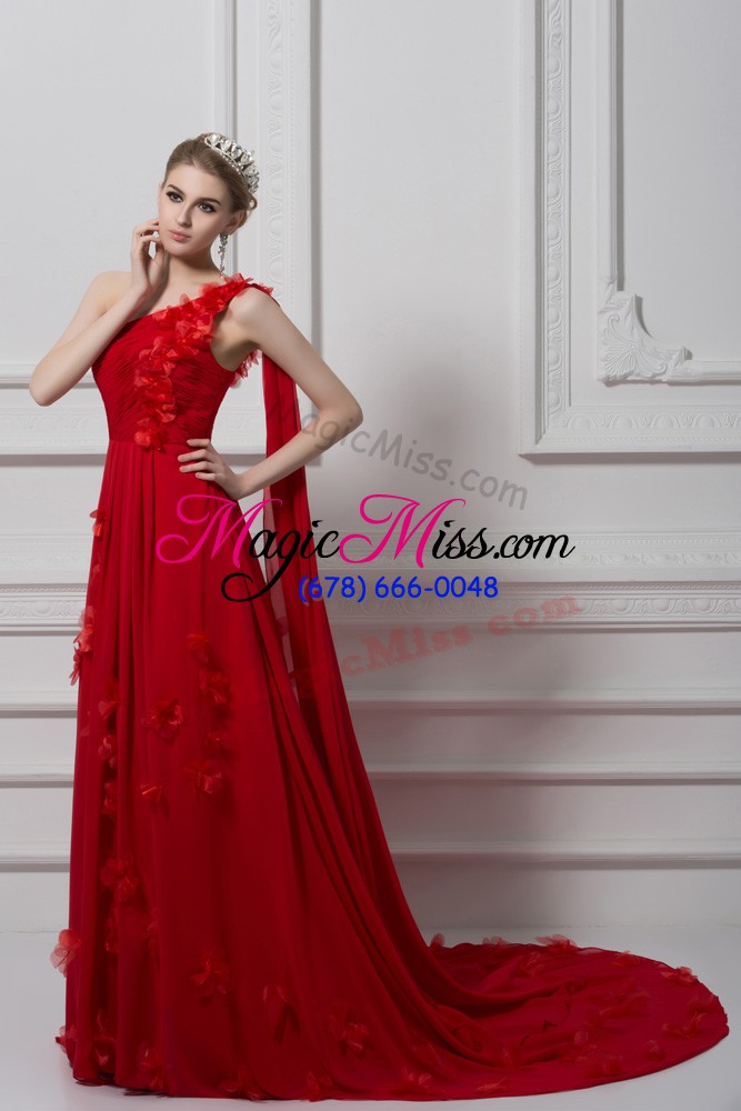 wholesale red sleeveless ruching and hand made flower lace up