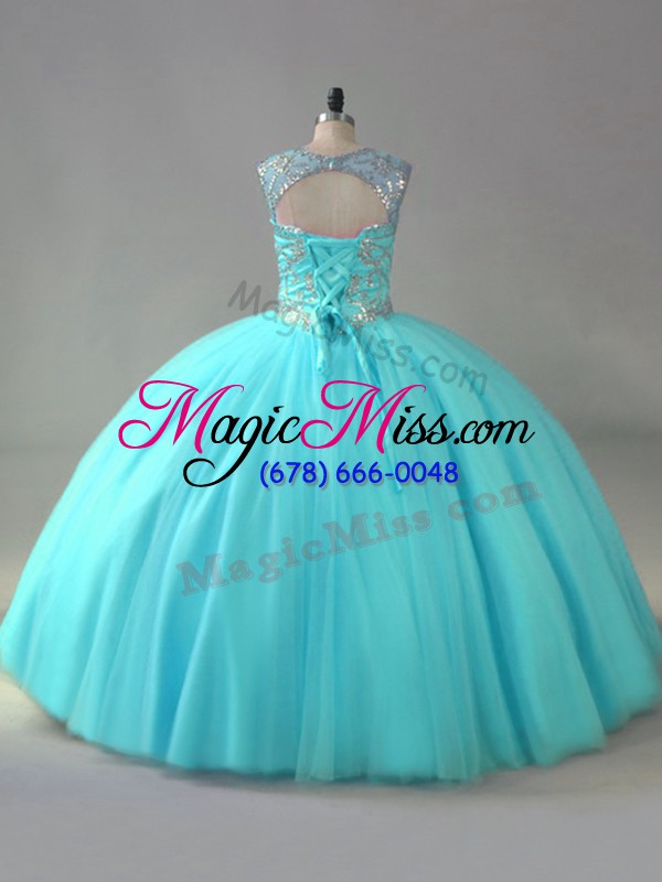 wholesale cheap aqua blue ball gowns scoop sleeveless organza lace up beading quinceanera gowns