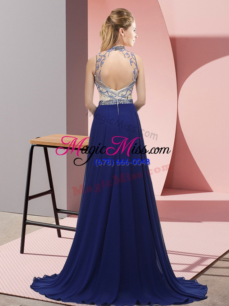 wholesale unique blue halter top neckline beading prom gown sleeveless backless