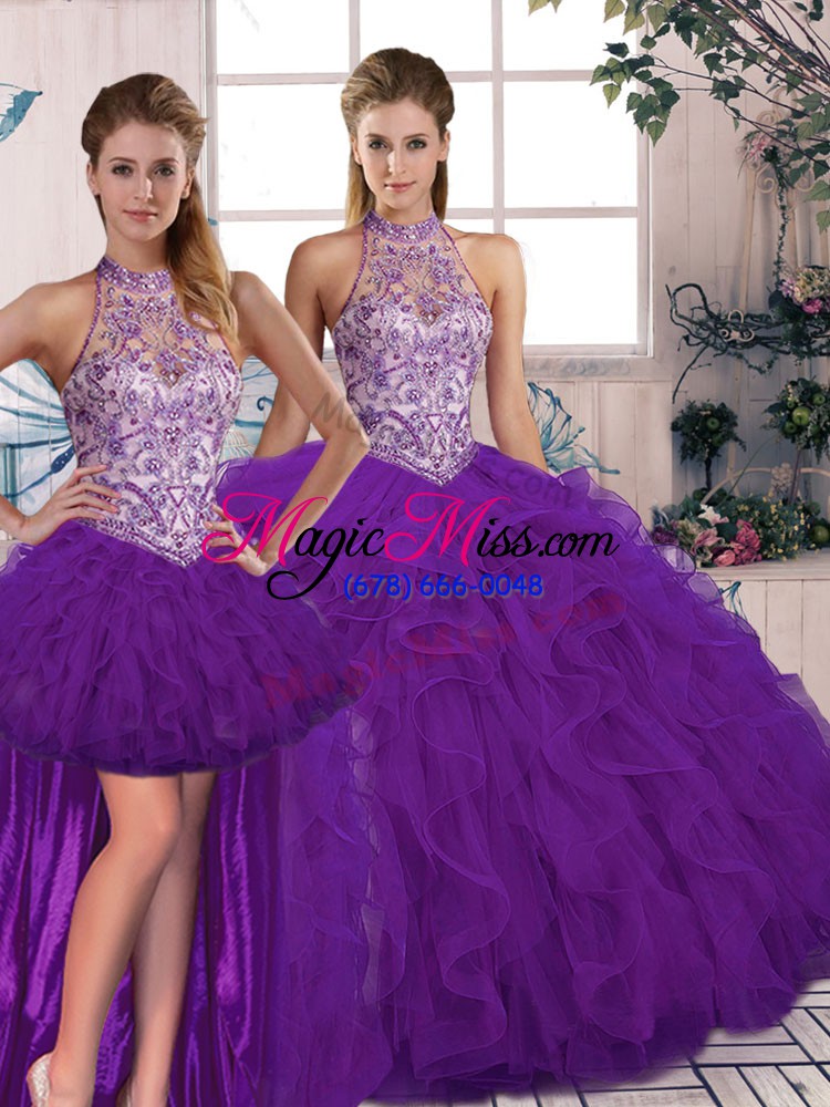 wholesale vintage purple halter top lace up beading and ruffles ball gown prom dress sleeveless