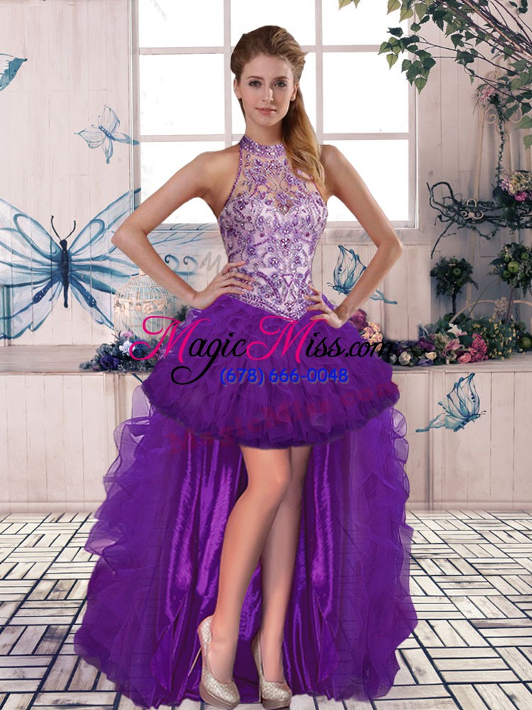 wholesale vintage purple halter top lace up beading and ruffles ball gown prom dress sleeveless