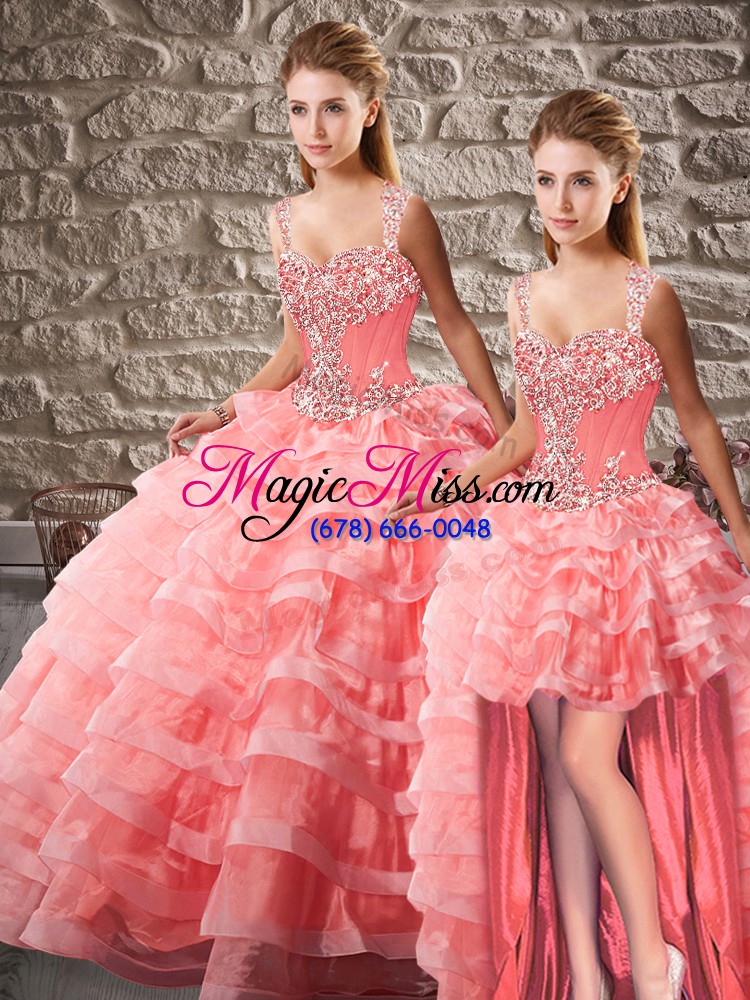 wholesale watermelon red quince ball gowns sweet 16 and quinceanera with beading and ruffled layers straps sleeveless court train lace up