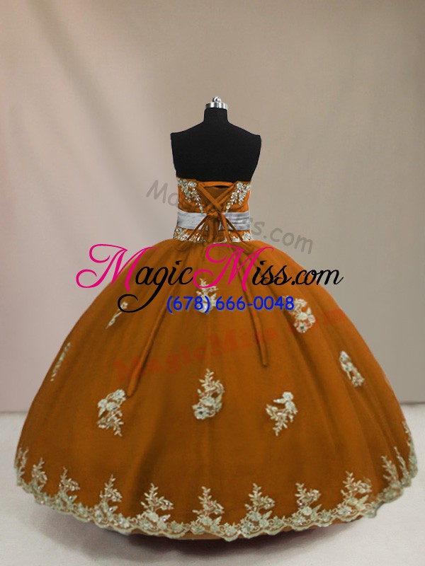 wholesale dramatic brown ball gowns tulle strapless sleeveless appliques floor length lace up quinceanera gown