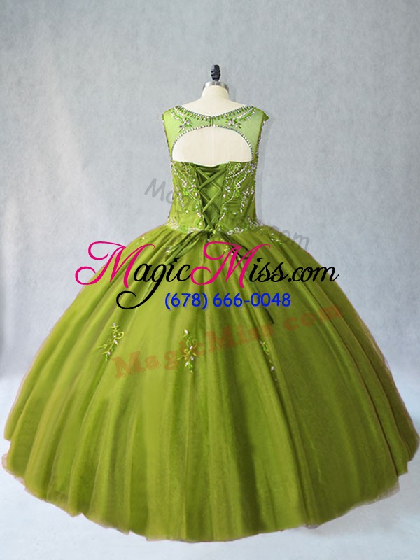 wholesale charming tulle scoop sleeveless lace up beading ball gown prom dress in olive green