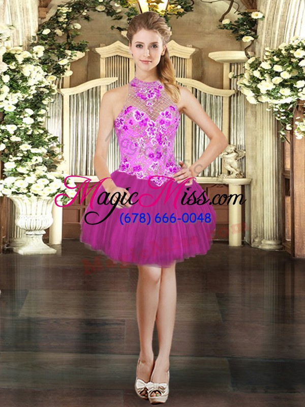 wholesale excellent fuchsia lace up halter top embroidery quinceanera gowns satin and tulle sleeveless
