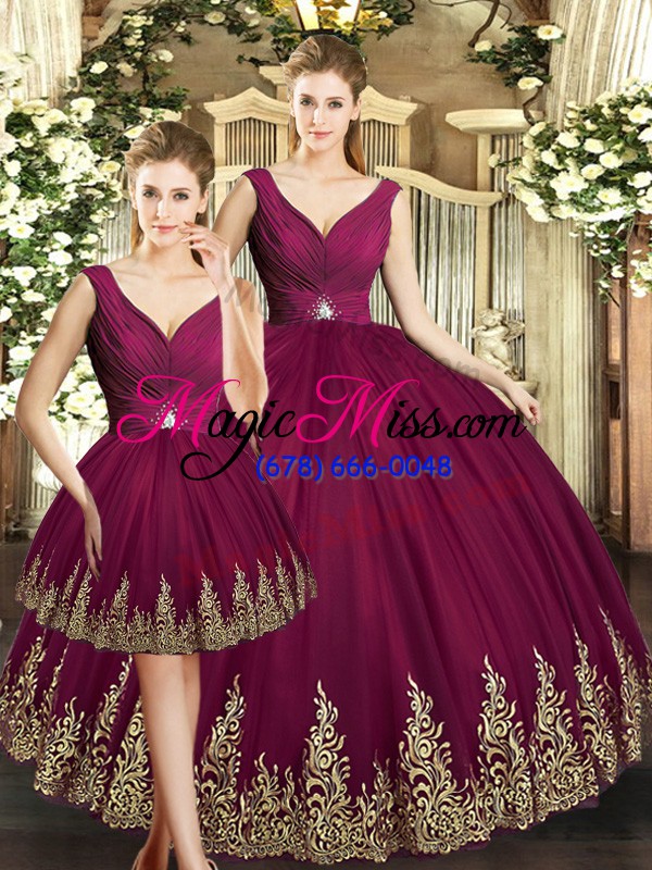 wholesale attractive sleeveless floor length beading and appliques backless quinceanera dress with burgundy