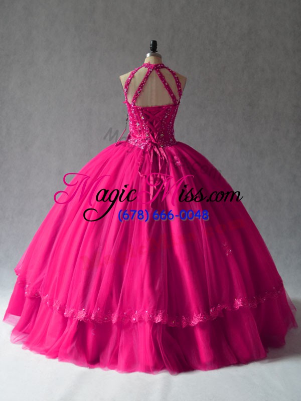 wholesale floor length fuchsia sweet 16 dresses halter top sleeveless lace up