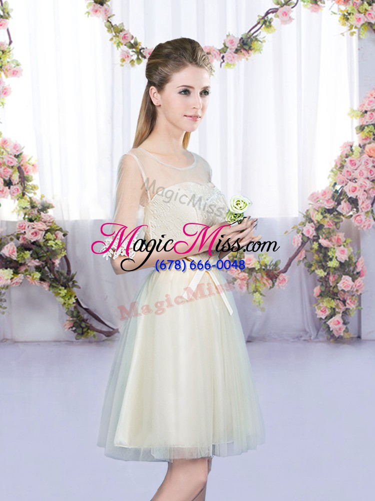 wholesale wonderful tulle scoop half sleeves lace up lace and bowknot bridesmaid gown in champagne