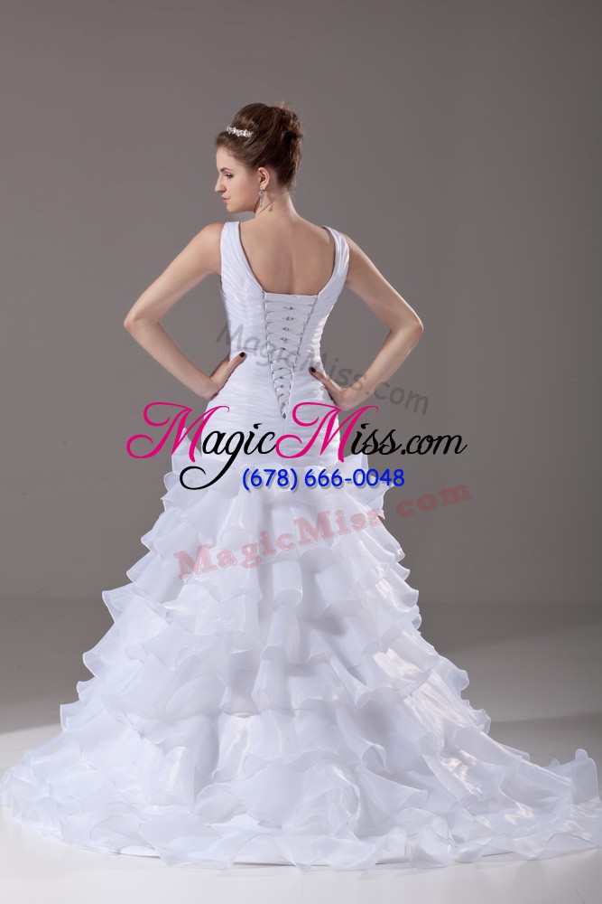 wholesale dynamic white mermaid organza v-neck sleeveless ruffled layers lace up wedding gowns brush train