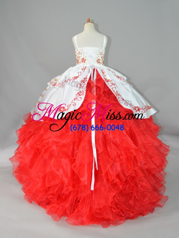 wholesale elegant satin and organza straps sleeveless sweep train lace up beading and embroidery and ruffles pageant dress for teens in white and red