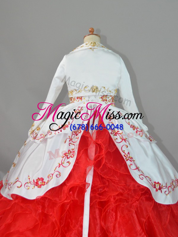 wholesale elegant satin and organza straps sleeveless sweep train lace up beading and embroidery and ruffles pageant dress for teens in white and red