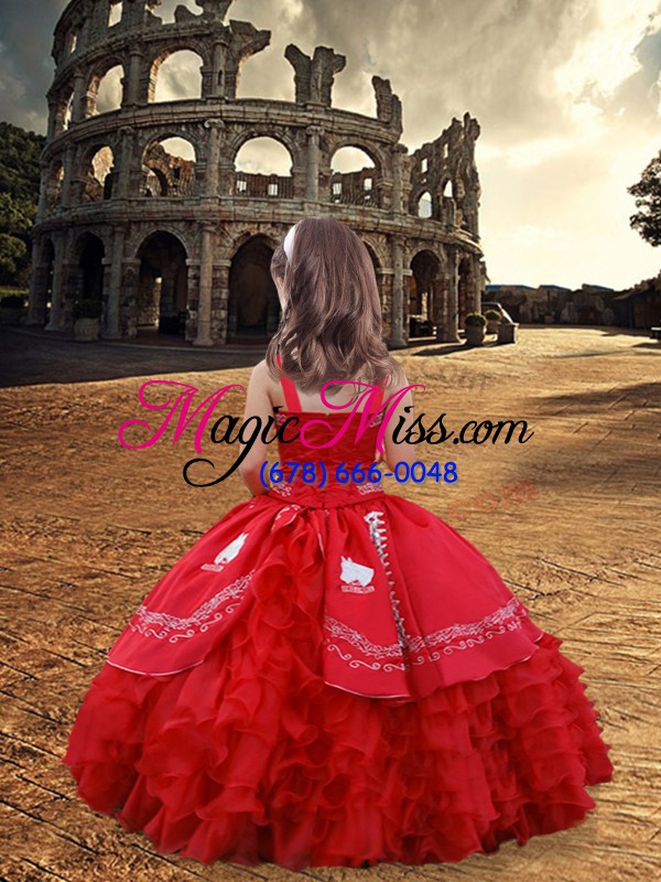 wholesale satin and organza sleeveless floor length little girls pageant gowns and embroidery and ruffled layers