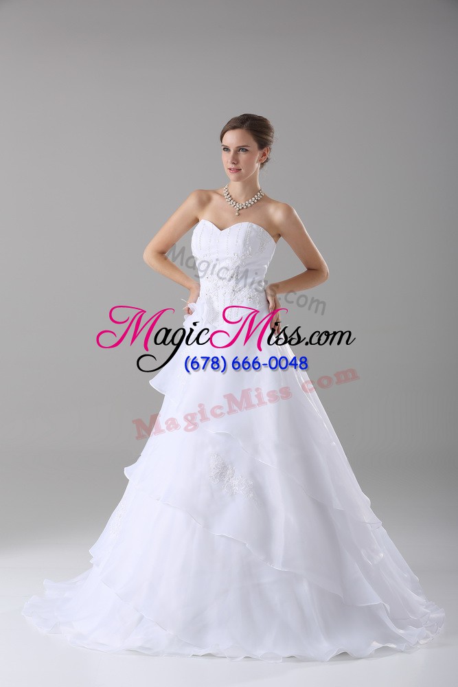 wholesale white organza lace up wedding dress sleeveless brush train beading and ruffled layers and hand made flower