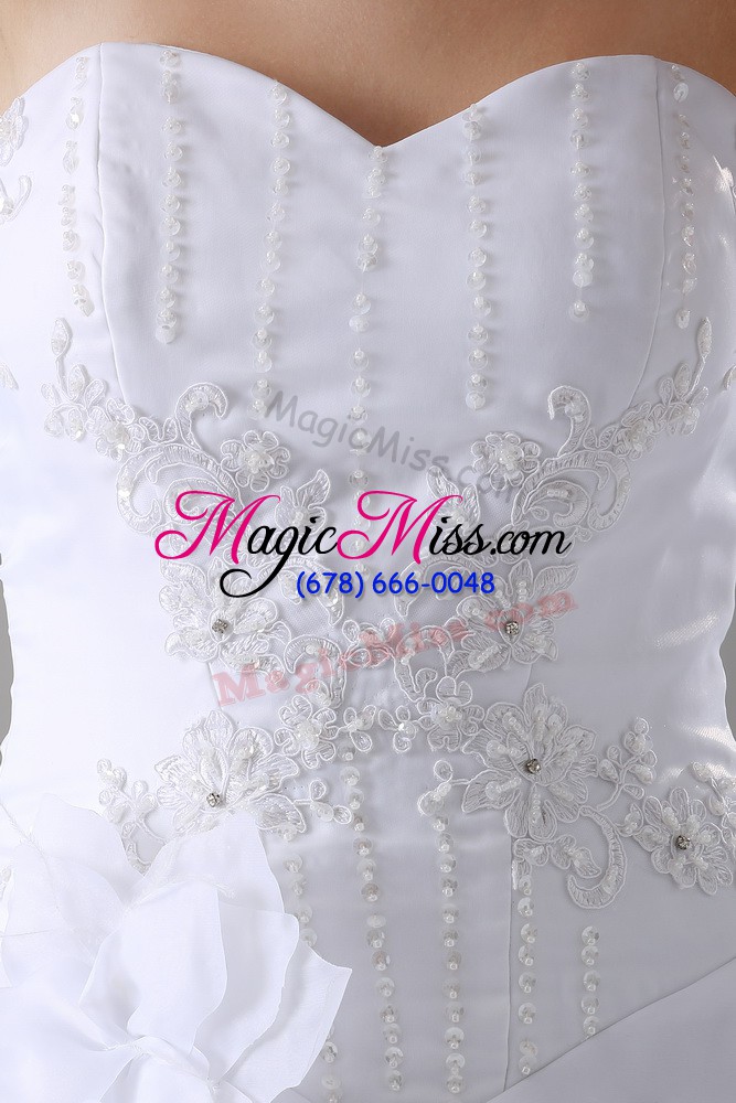 wholesale white organza lace up wedding dress sleeveless brush train beading and ruffled layers and hand made flower