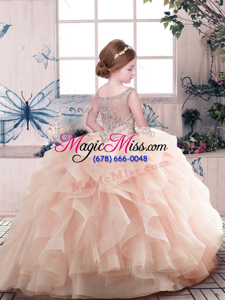 wholesale sleeveless organza floor length zipper pageant dress womens in fuchsia with beading and ruffles