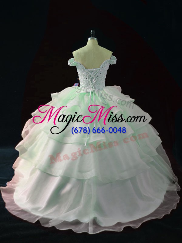 wholesale graceful off the shoulder sleeveless organza ball gown prom dress beading and ruffled layers brush train lace up