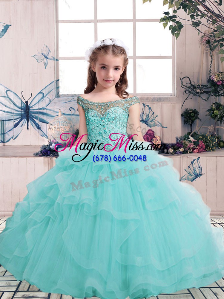 wholesale great beading little girl pageant dress aqua blue lace up sleeveless floor length