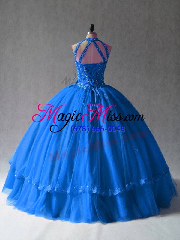 wholesale floor length royal blue ball gown prom dress tulle sleeveless beading and appliques