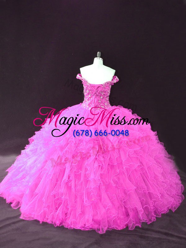 wholesale floor length lace up quinceanera dress fuchsia for sweet 16 and quinceanera with beading and ruffles