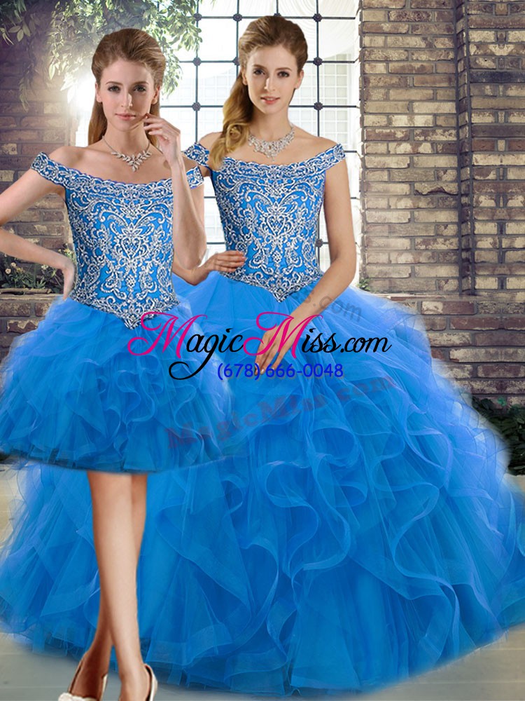 wholesale trendy brush train three pieces quinceanera dress blue off the shoulder tulle sleeveless lace up
